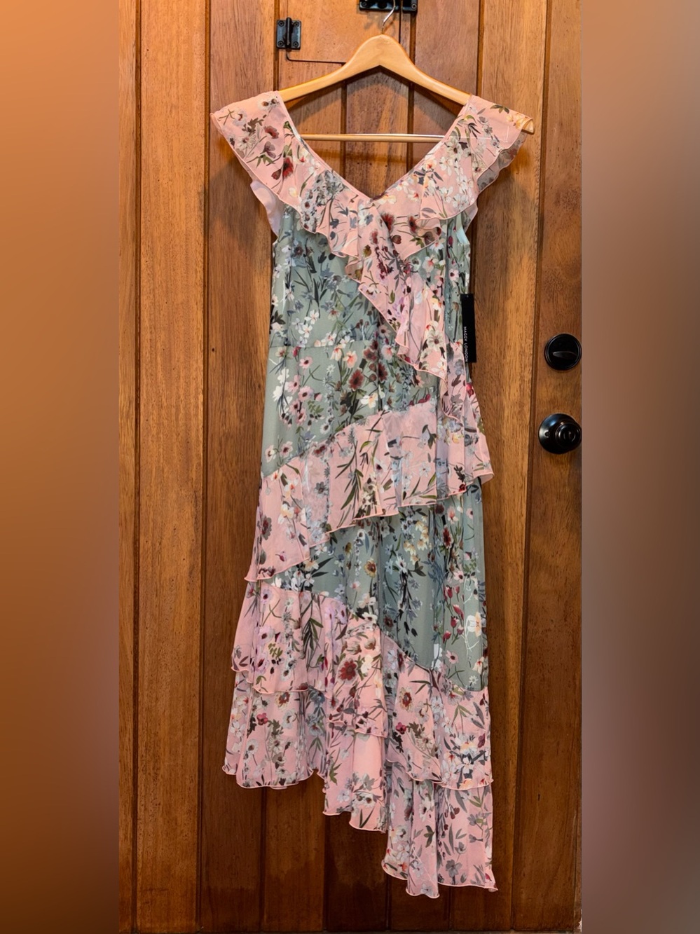 Maggy London Pink & Sage Floral Ruffle Maxi Dress